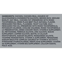 Dry dog food ingredients panel, extended ingredient list in a text box
