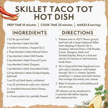 Skillet Taco Tot Hot Dish recipe card with ingredients and cooking directions