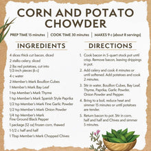 Corn and potato chowder recipe card with ingredients and cooking directions