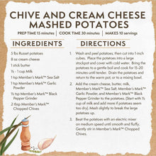 Chive and cream cheese mashed potatoes cooking card with ingredients and directions