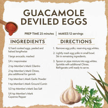 Guacamole deviled eggs label card showing ingredients and preparation directions