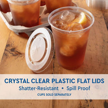 Clear flat plastic lids with straw slot on cups, shatter-resistant design