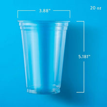 Clear 20 oz plastic cup with straight sides and wide rim