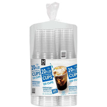 Clear plastic 20 oz cups, 120-count pack in a sealed bag