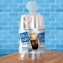 Clear plastic 20 oz cups, 120-count pack with bundled cup stack