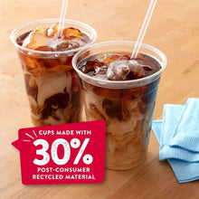 Clear plastic cups filled with iced drinks, two-cup view with straws