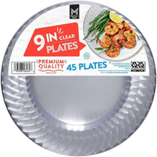 Clear 9-inch round plastic plates, ridged design, package shows 45 plates