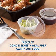 Clear plastic portion lids on cups with food inside