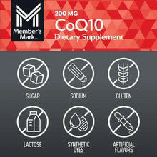 CoQ10 dietary supplement label with icons for no sugar, sodium, gluten, lactose, dyes, flavors