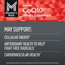 CoQ10 dietary supplement label listing cellular energy, antioxidant health, cardiovascular health
