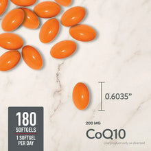 Orange CoQ10 softgel capsule with size marking and 200 mg label, 180 softgels
