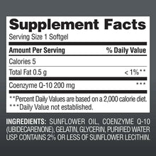 Supplement facts label for Coenzyme Q-10 200 mg, serving size 1 softgel