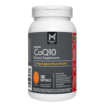 CoQ10 200 mg dietary supplement bottle with 180 softgels label