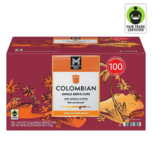 Coffee pods box for Colombian medium-dark roast, 100 single-serve cups, Member's Mark.