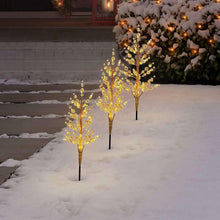 Warm white crystal bead pathway lights, three lit tree stakes on snowy ground