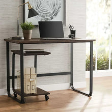 Dark brown writing desk with C-table, open frame, and caster wheels