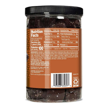 Dark chocolate soft sea salt caramels jar with Nutrition Facts panel