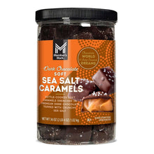 Dark chocolate soft sea salt caramels jar with front label and caramel pieces