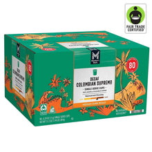 Decaf Colombian Supremo coffee pods box, 80-count, medium-dark roast, green package