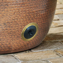 Decorative metal hose storage pot with front hose outlet, copper finish