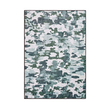 Square teen area rug with multicolor camouflage pattern and thin outline border