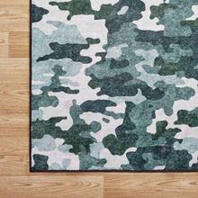 Camouflage area rug corner view with dark green, gray, and light tones