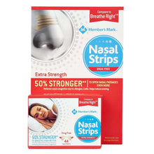 Nasal strips Extra Strength drug-free package with nose icon and Member's Mark logo