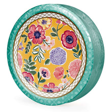 Teal-rim floral paper plate with colorful flowers and leaves
