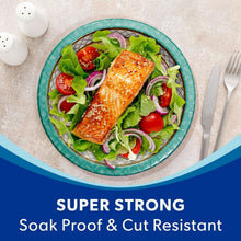 Floral paper plate with grilled salmon and salad
