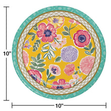 10-inch round paper plate with teal border and colorful fancy floral design