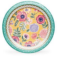 Round 10-inch paper plate with teal rim and colorful floral pattern
