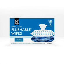 Flushable wipes box, fresh scent, 540 wipes, 9 packs, blue and white design