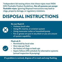 Disposal instructions panel for flushable wipes, do not flush if marked