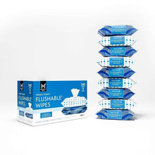 Flushable wipes packs stack, fresh scent, blue-and-white pouches in 9-count layout