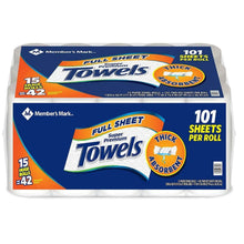 Member's Mark full sheet paper towels pack with 15 rolls and 101 sheets per roll
