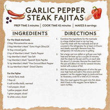 Garlic Pepper Steak Fajitas recipe card with ingredients and directions.
