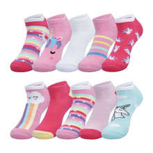 10-pack girls no-show socks in pink, white, and rainbow/unicorn print styles
