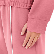 Girls sandwash pullover close-up, pink elastic waist with white drawstring accents