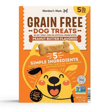 Orange grain-free peanut butter dog treat bag with cartoon dog and 5 lb label