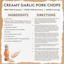 Creamy garlic pork chops recipe card with ingredients and directions