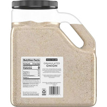 Back label on granulated onion container with nutrition facts and handle