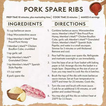Pork spare ribs recipe card listing ingredients including granulated onion