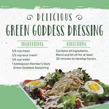 Recipe card for Green Goddess dressing with ingredients list and salad bowl