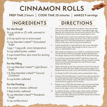Cinnamon rolls recipe card with ingredients list and directions