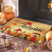 Coir doormat with “Hello Autumn” text and colorful autumn leaf border