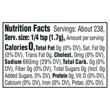 Nutrition facts label for pink salt, calories 0 and sodium 660 mg