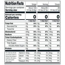 Nutrition Facts label for ground ginger, nutmeg, and cloves
