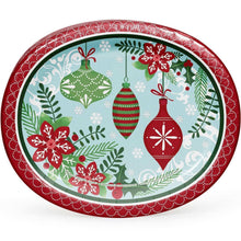 Oval holiday paper plate with red border and green, blue, and red ornament design