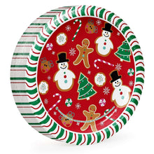 10 in holiday paper plate with festive characters and red striped green border