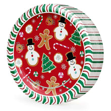 Holiday paper plate with red festive scene, snowmen, gingerbread men, trees, and striped rim